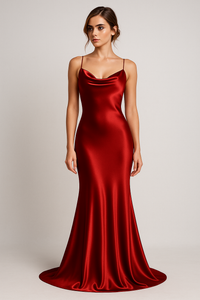 Mia | Satin Maxikleid mit Wasserfallausschnitt und Spaghettiträgern – Eleganz in tiefem Rot