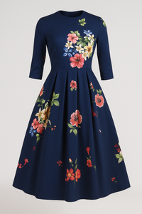 Retrozo | Elegantes Midikleid mit Blumenmuster und 3/4-Ärmeln