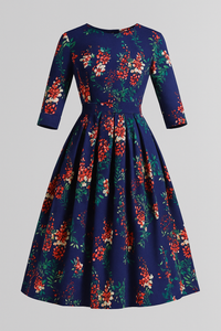 Retrozo | Elegantes Midikleid mit Blumenmuster und 3/4-Ärmeln