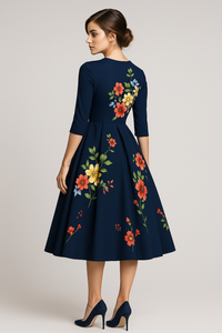 Retrozo | Elegantes Midikleid mit Blumenmuster und 3/4-Ärmeln