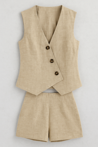 Zoya | Damen Sommer-Zweiteiler mit Wickel-Top & Shorts aus Leinenmischung