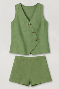 Zoya | Damen Sommer-Zweiteiler mit Wickel-Top & Shorts aus Leinenmischung
