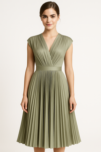 Amora | Damen Elegantes Plissee-Midikleid mit V-Ausschnitt