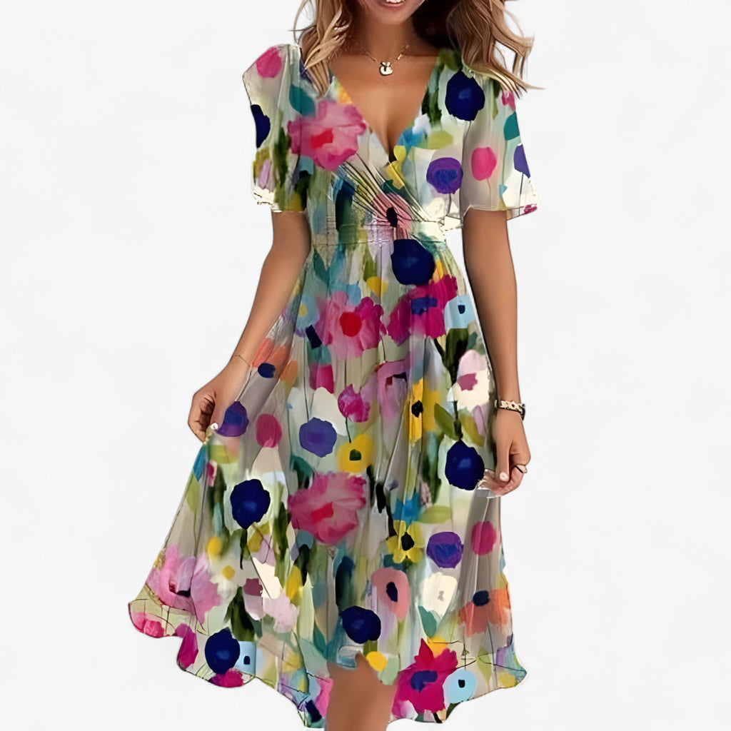 Emilia | Elegantes Midi-Kleid mit neutralem Blumenmuster