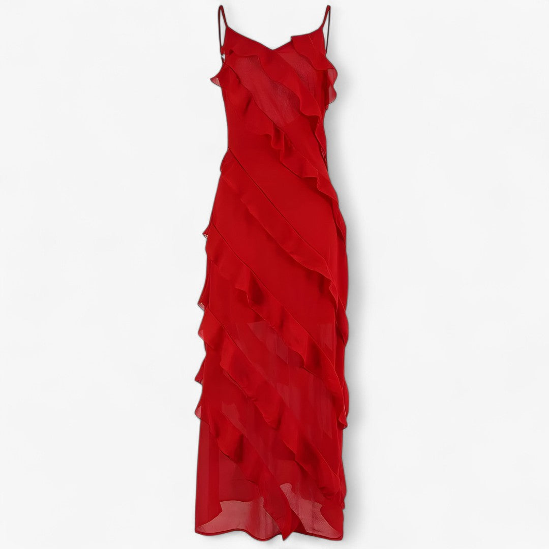 Grace | Langkleid mit dünnen Trägern und schichtigem Volant