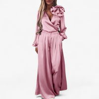 Leona | Damen Twin Set Polyester mit V-Ausschnitt und Weiten Hosen