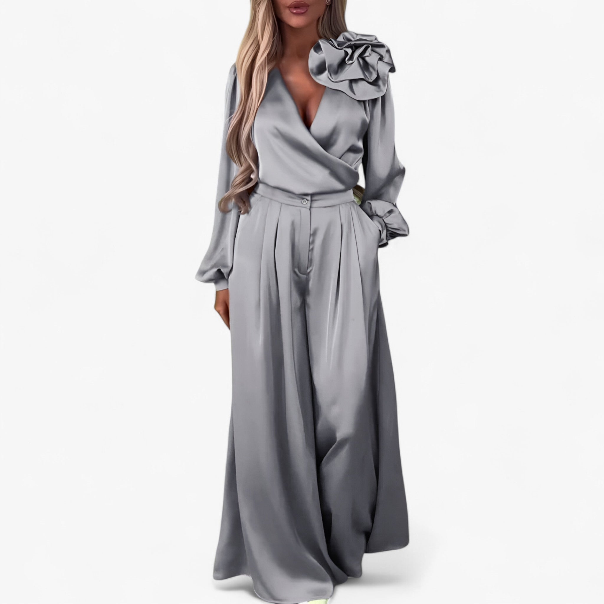 Leona | Damen Twin Set Polyester mit V-Ausschnitt und Weiten Hosen