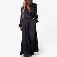 Leona | Damen Twin Set Polyester mit V-Ausschnitt und Weiten Hosen