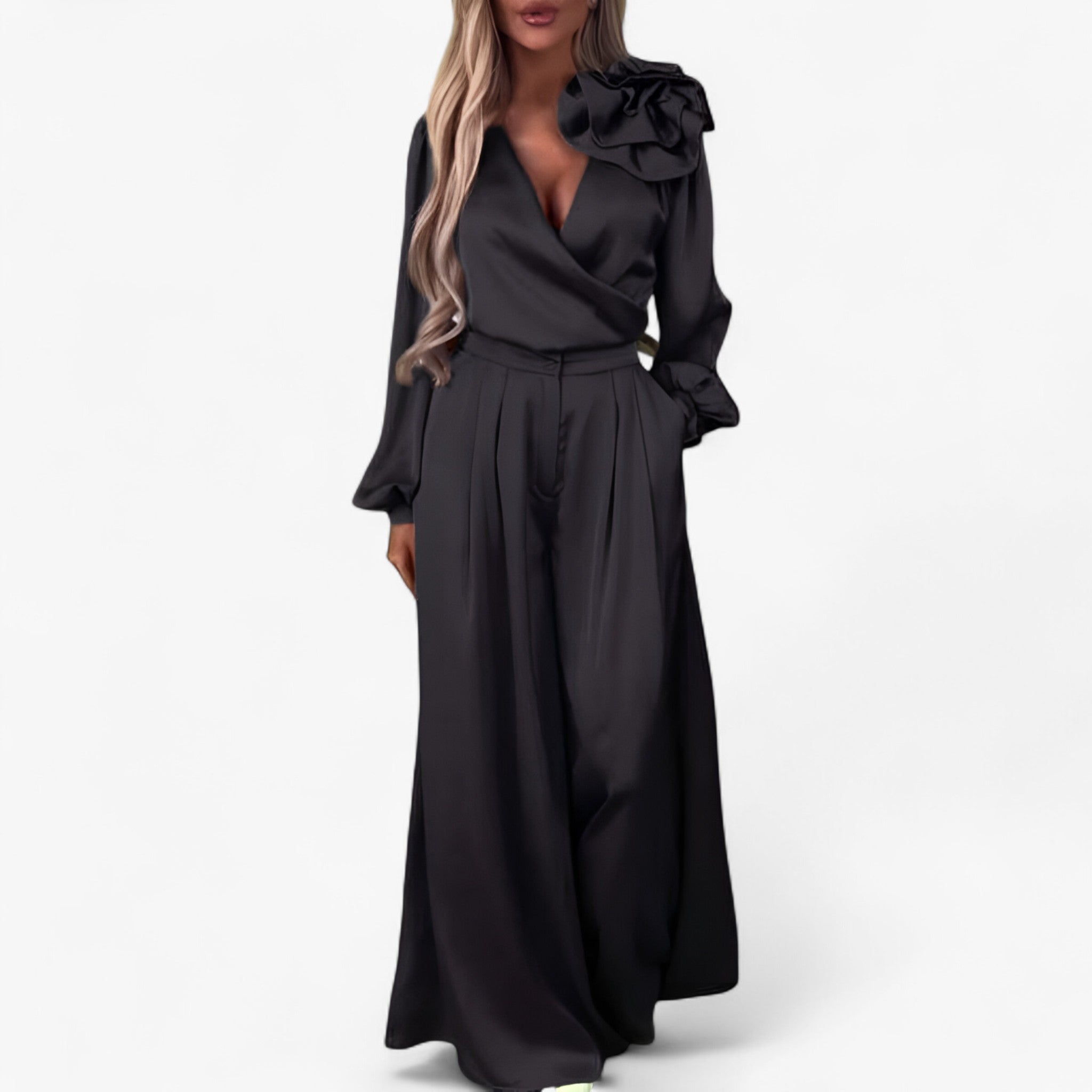Leona | Damen Twin Set Polyester mit V-Ausschnitt und Weiten Hosen