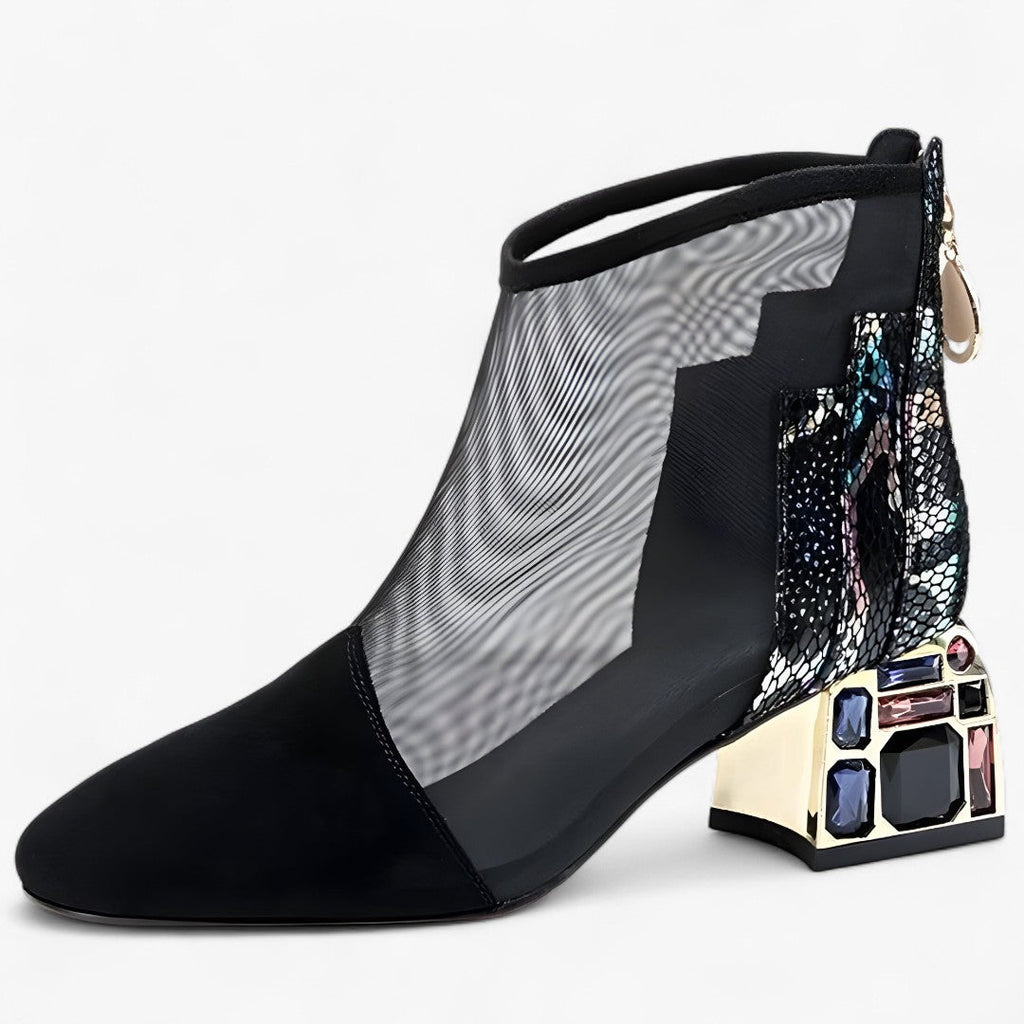 Ruby | Netz-Sandalen mit mittelhohem Absatz und durchbrochenem Strass