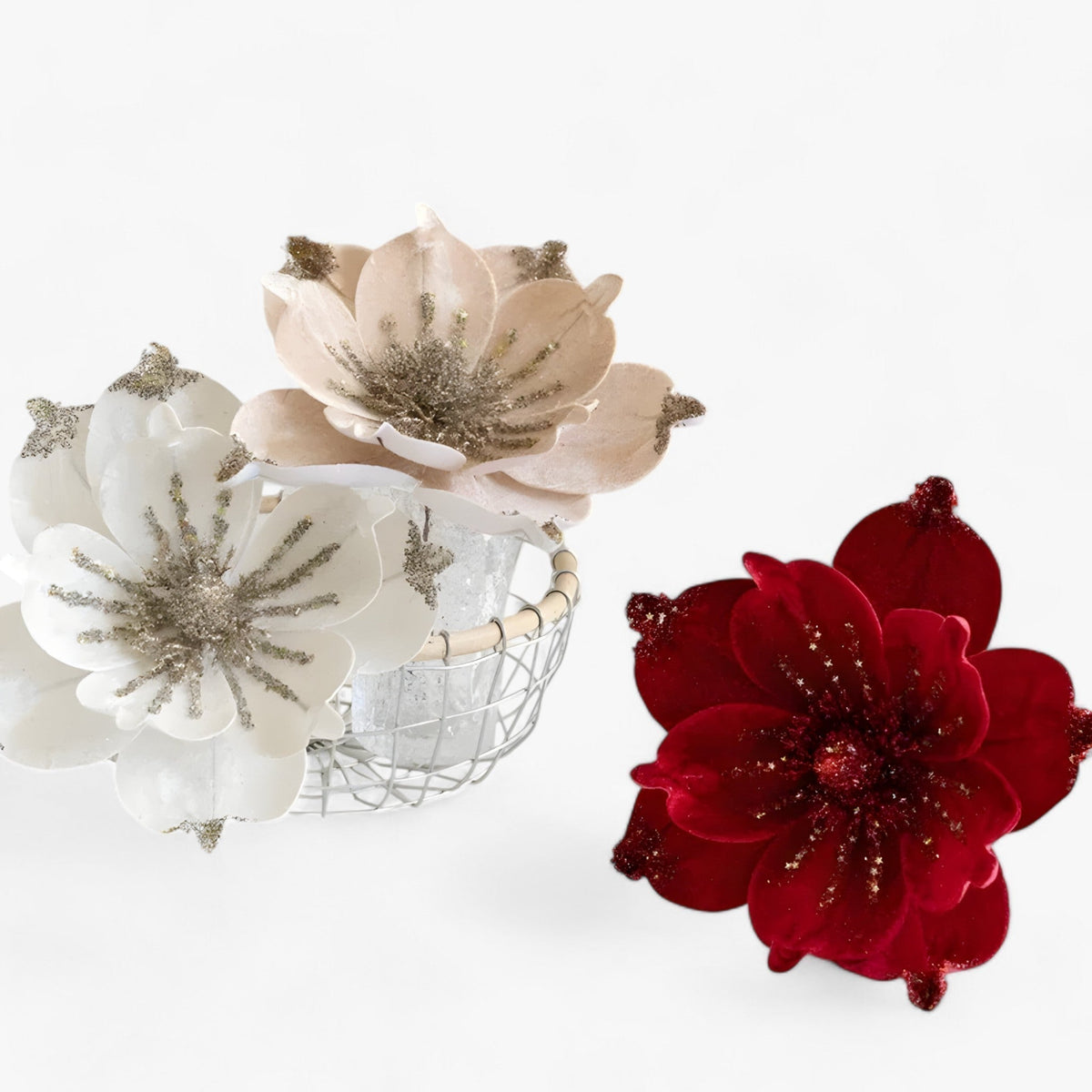 Blumen | Glänzende Kunstweihnachtsblumen - Fröhliche Ornamente für den Weihnachtsbaum und Neujahrsdekoration