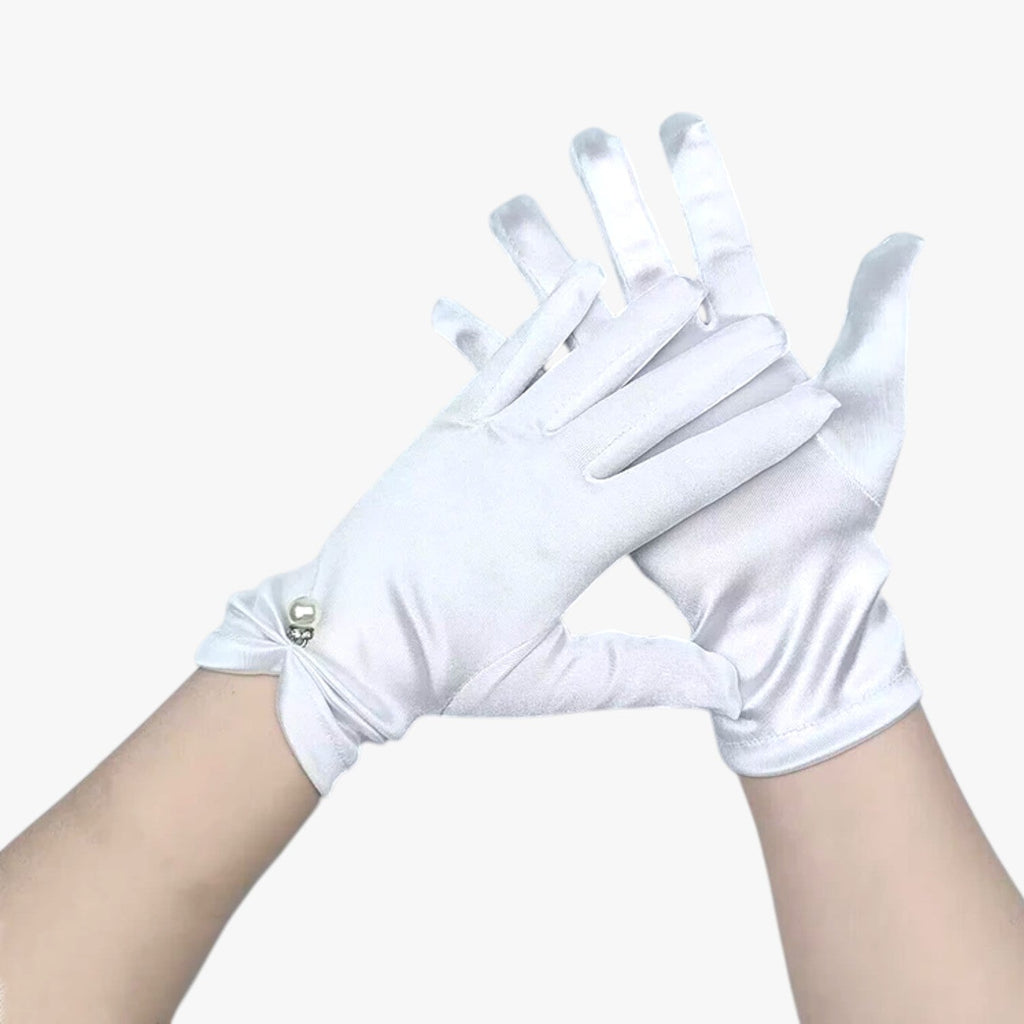 Leila | Elegante Satinhandschuhe mit Perlen Perfekt für Zeremonien und besondere Anlässe