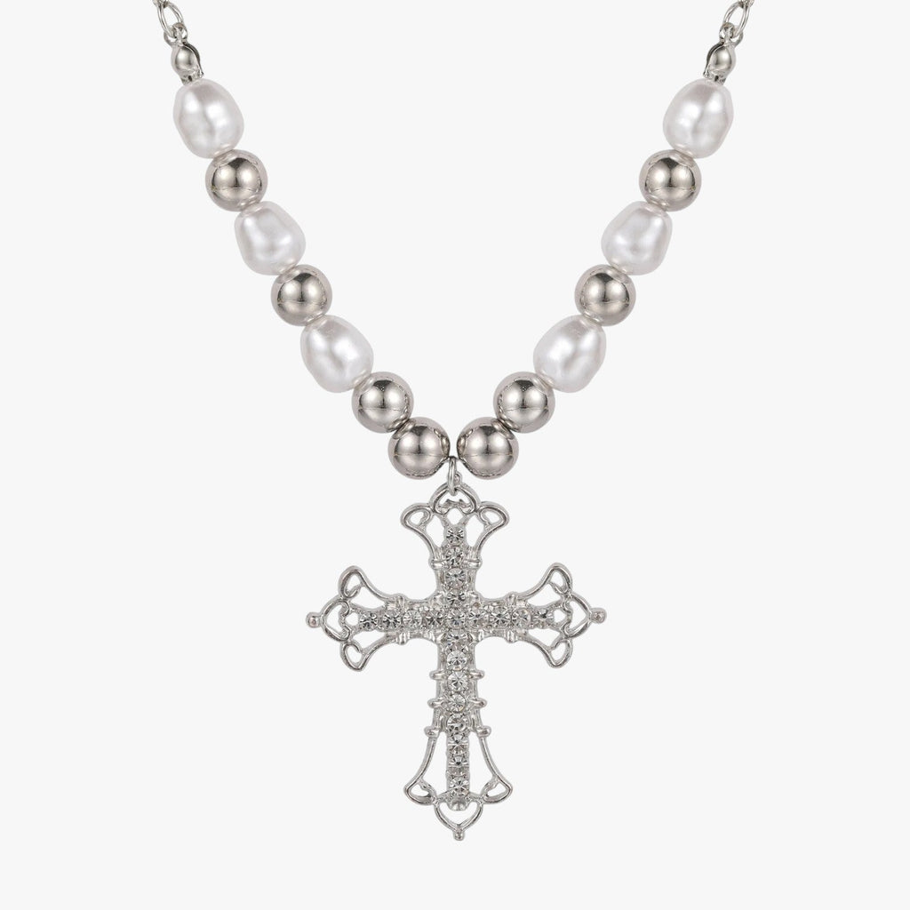 Kora | Elegante Gothic-Halskette mit Kristallkreuz und Barockperlen