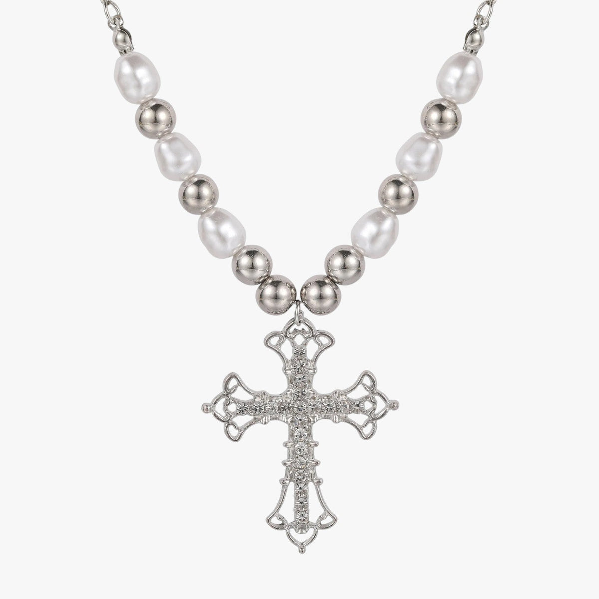 Kora | Elegante Gothic-Halskette mit Kristallkreuz und Barockperlen