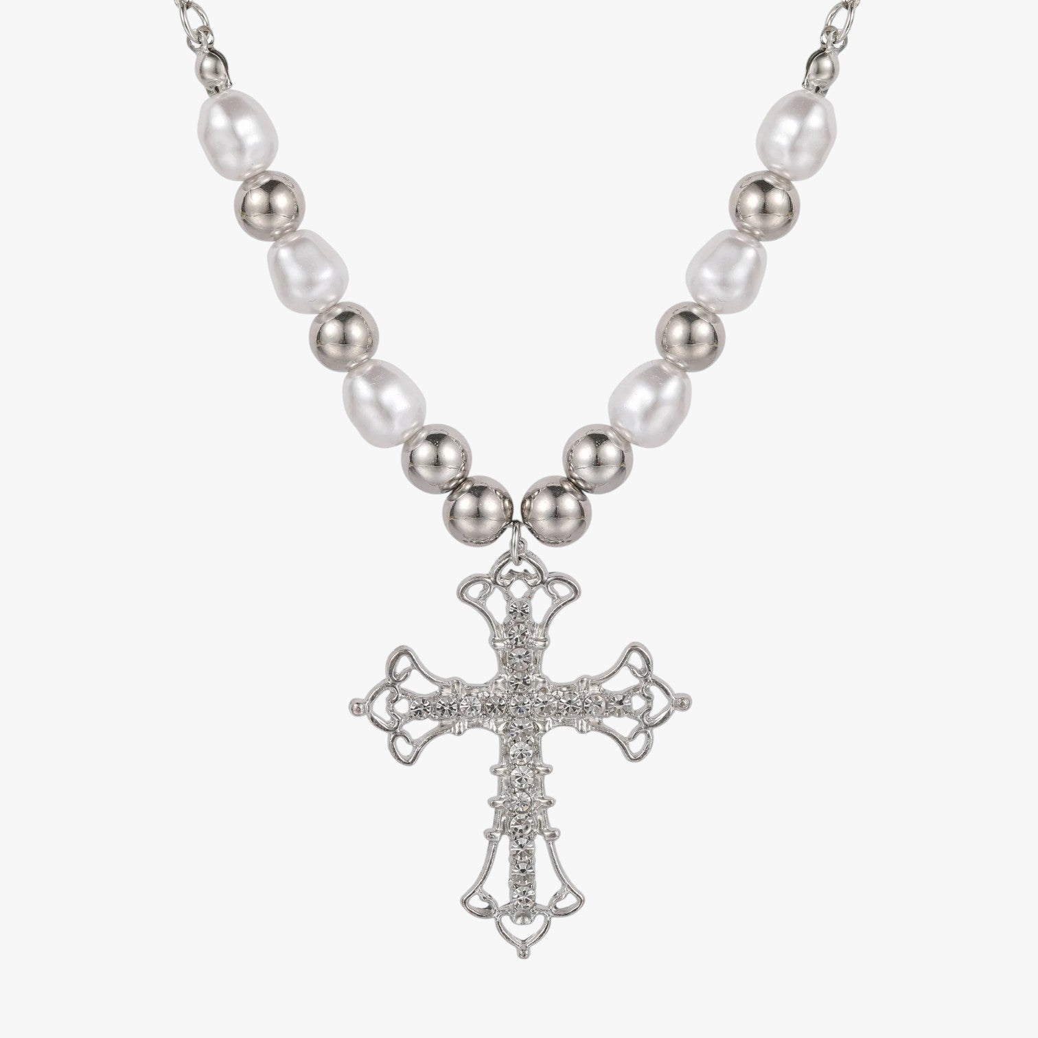 Kora | Elegante Gothic-Halskette mit Kristallkreuz und Barockperlen