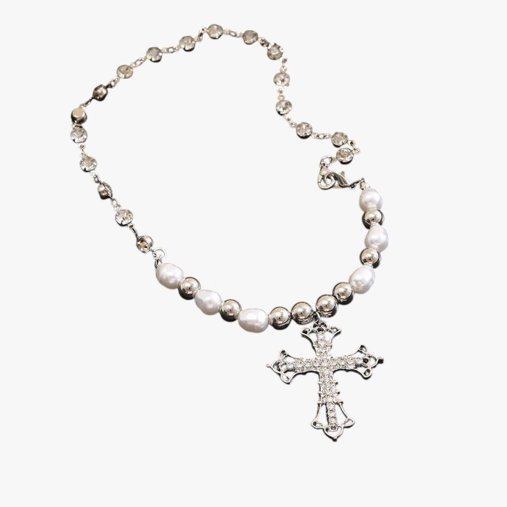 Kora | Elegante Gothic-Halskette mit Kristallkreuz und Barockperlen