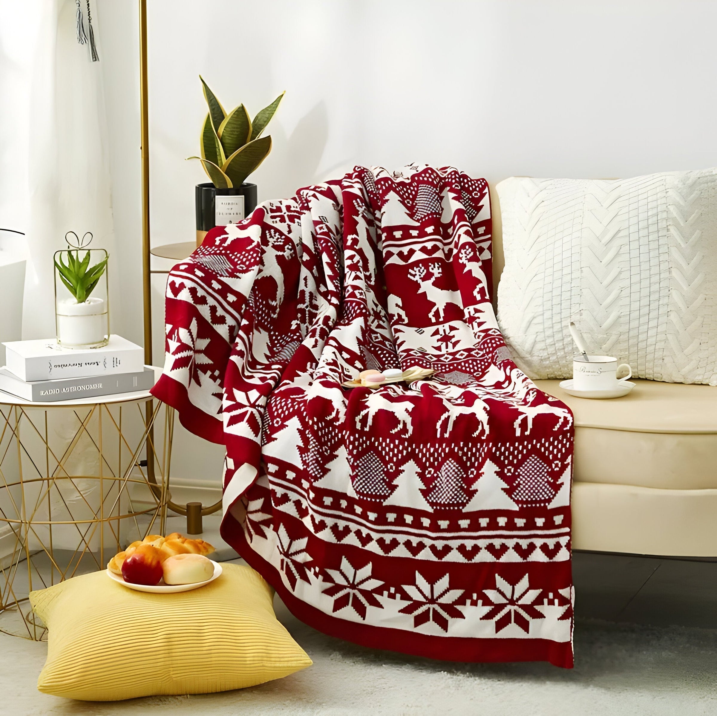 Nordische Weihnachtsstrickdecke mit Streifen - Kuschelige Decke für Zuhause und das Büro