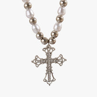 Kora | Elegante Gothic-Halskette mit Kristallkreuz und Barockperlen