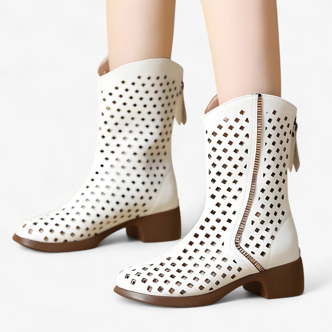 Elise | Durchlöcherte Stiefel aus echtem Leder bis zur Wade, atmungsaktiv