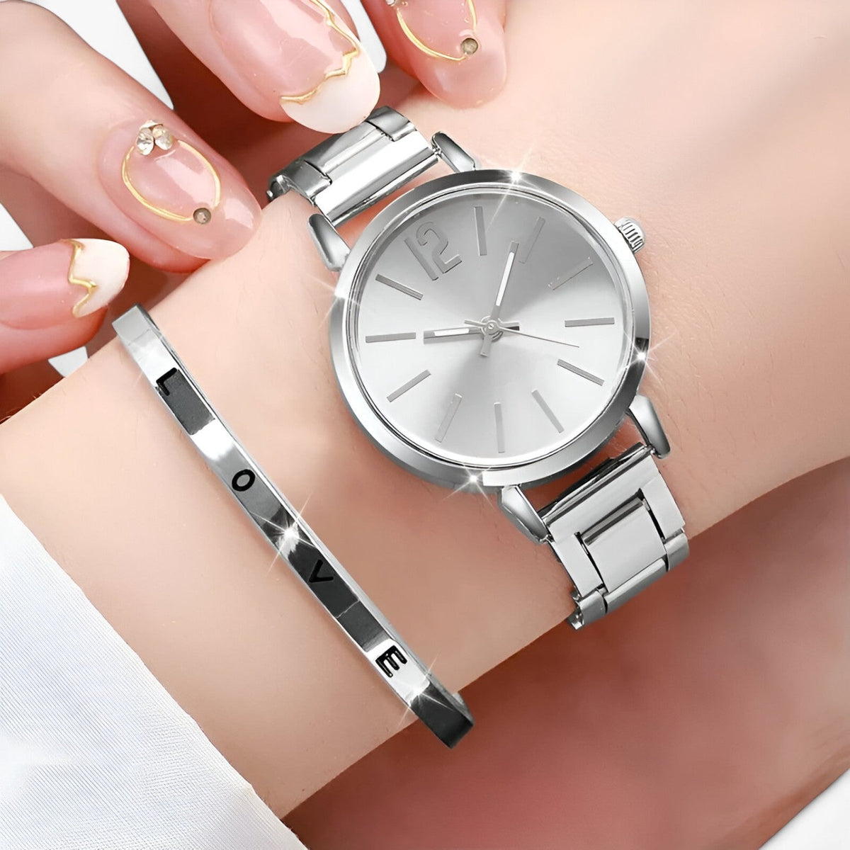 Lorena | Elegante Damenuhr-Set – Stiletto Edelstahl & Armband