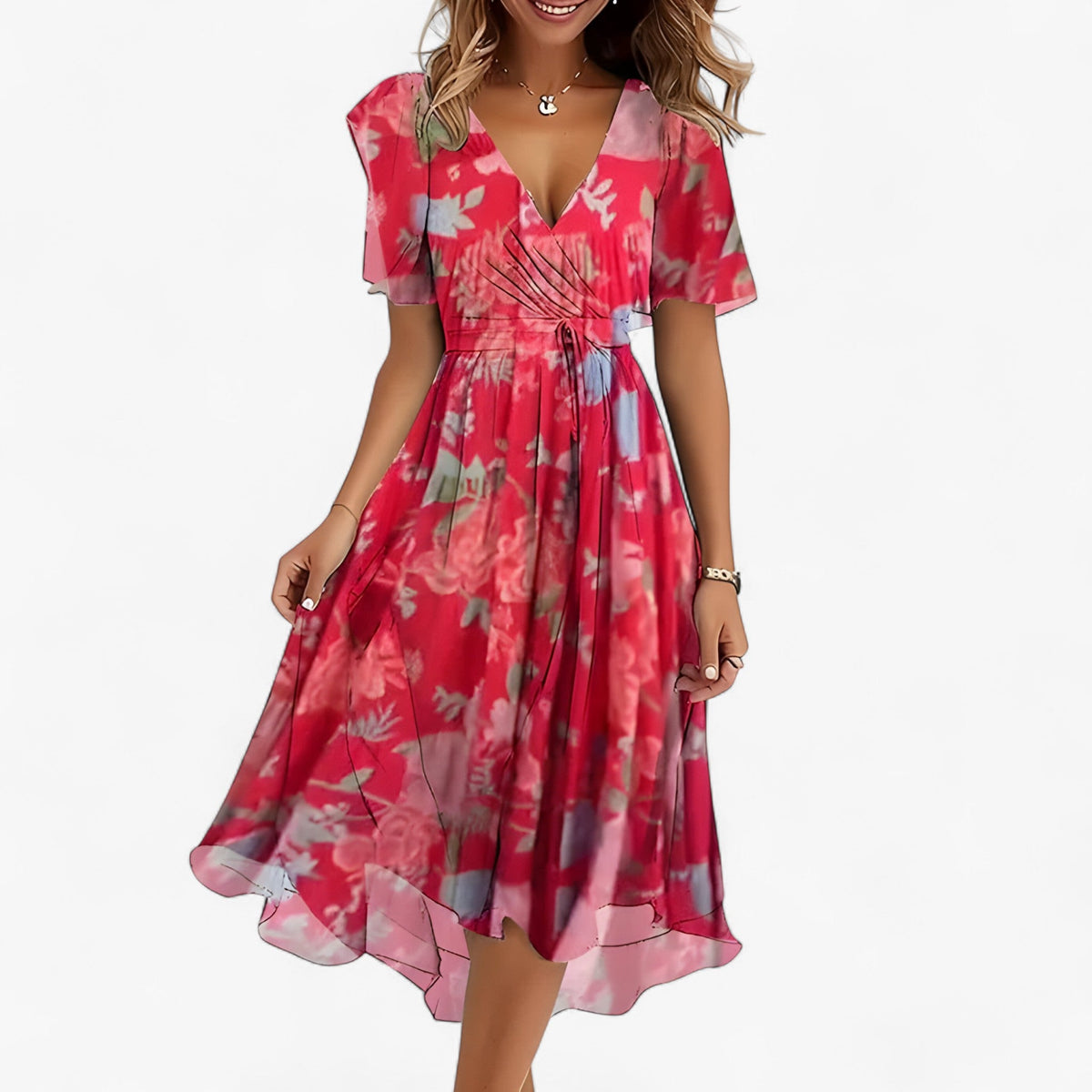 Emilia | Elegantes Midi-Kleid mit neutralem Blumenmuster