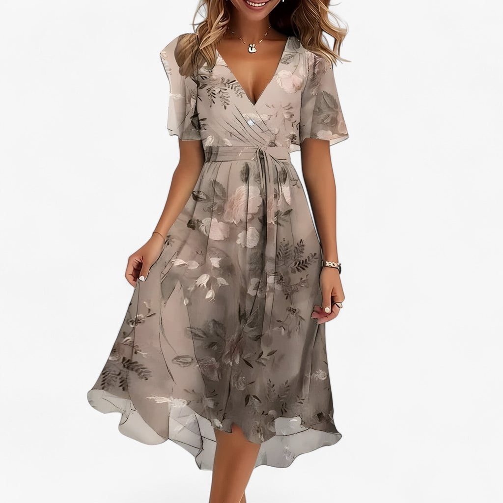 Emilia | Elegantes Midi-Kleid mit neutralem Blumenmuster