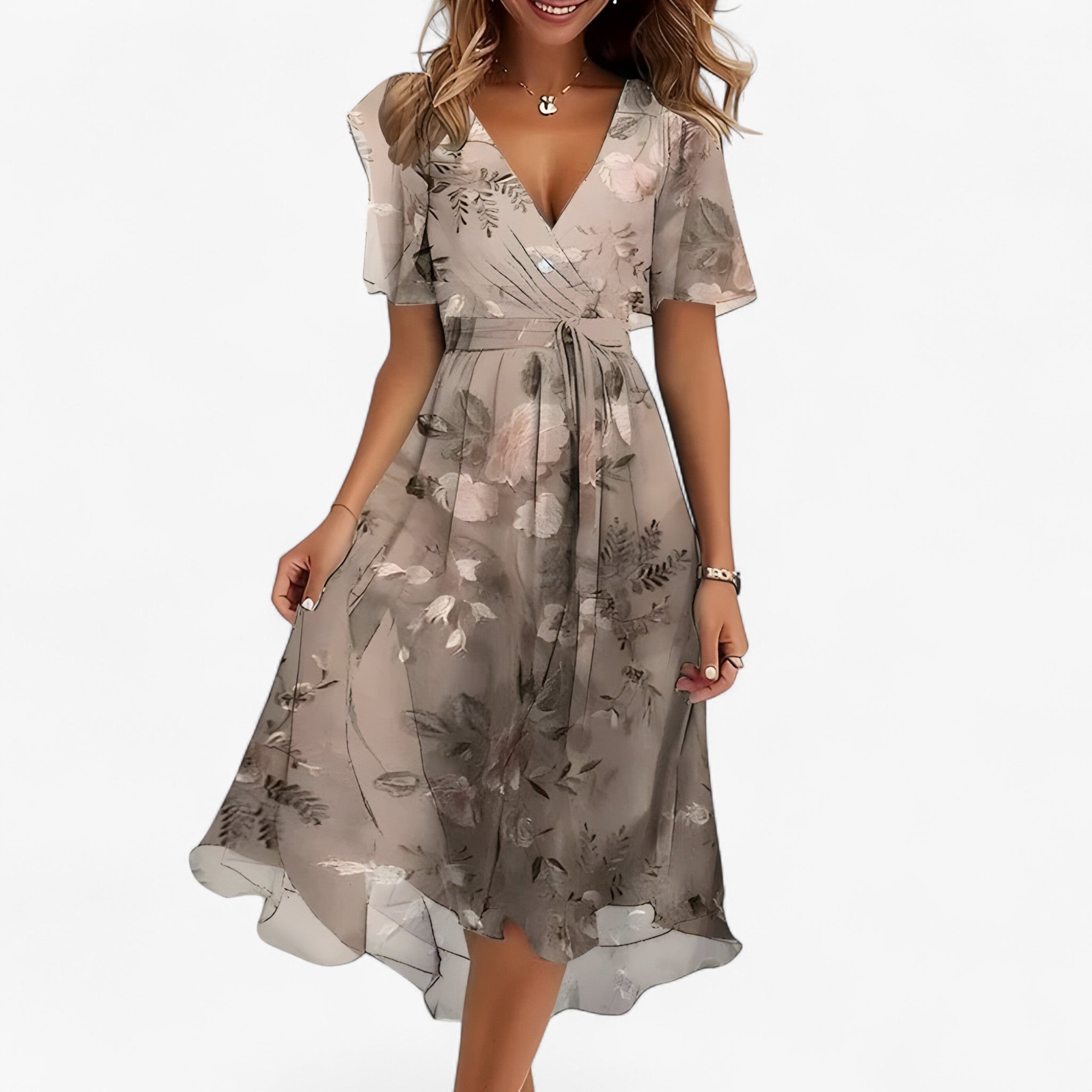 Emilia | Elegantes Midi-Kleid mit neutralem Blumenmuster
