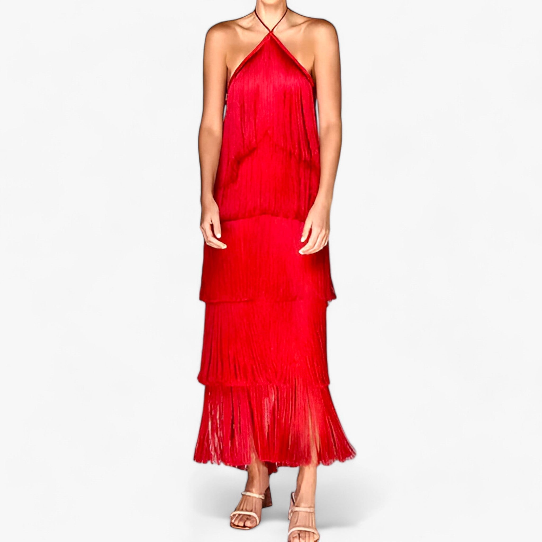 Serena | Ärmelloses Halterneck-Kleid – Glamouröse Fransen-Details