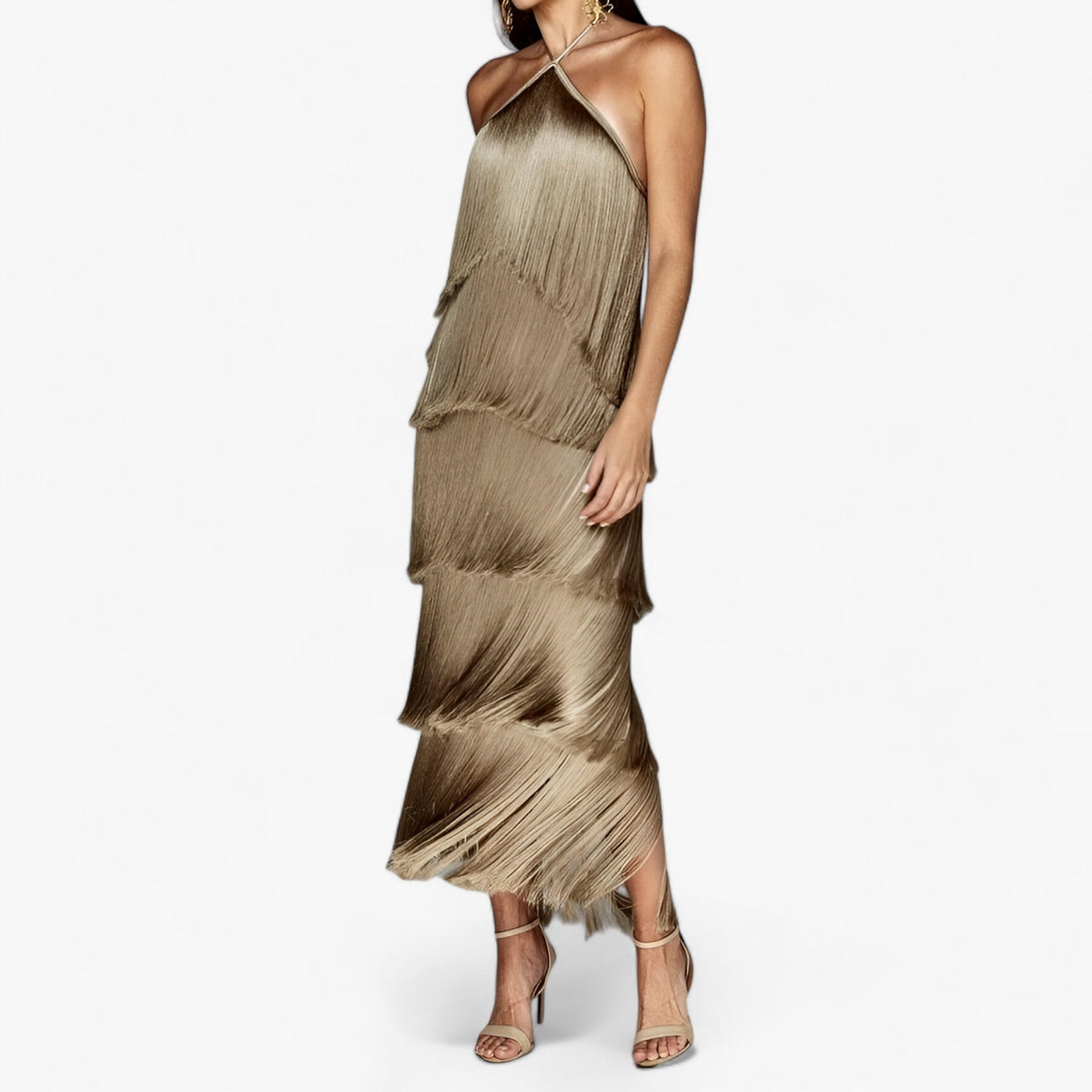 Serena | Ärmelloses Halterneck-Kleid – Glamouröse Fransen-Details