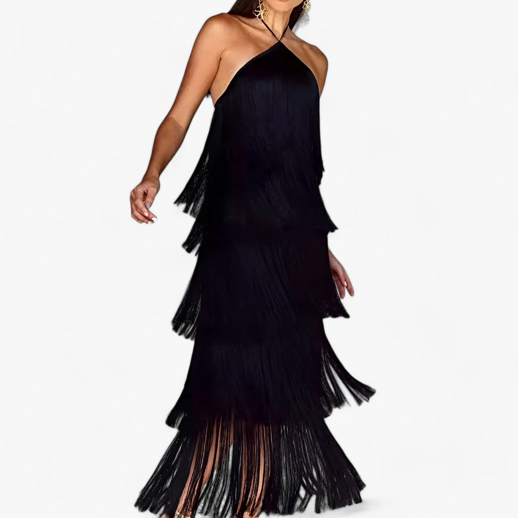 Serena | Ärmelloses Halterneck-Kleid – Glamouröse Fransen-Details