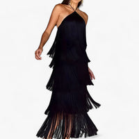 Serena | Ärmelloses Halterneck-Kleid – Glamouröse Fransen-Details