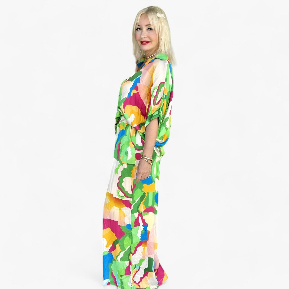 Damen Bunter Bedruckter V-Ausschnitt Anzug - Mutiger Stil & Komfort