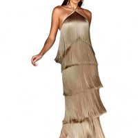 Serena | Ärmelloses Halterneck-Kleid – Glamouröse Fransen-Details