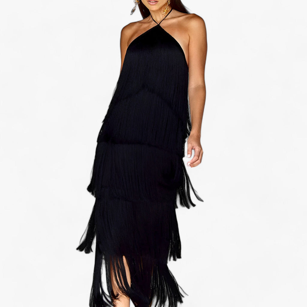 Serena | Ärmelloses Halterneck-Kleid – Glamouröse Fransen-Details
