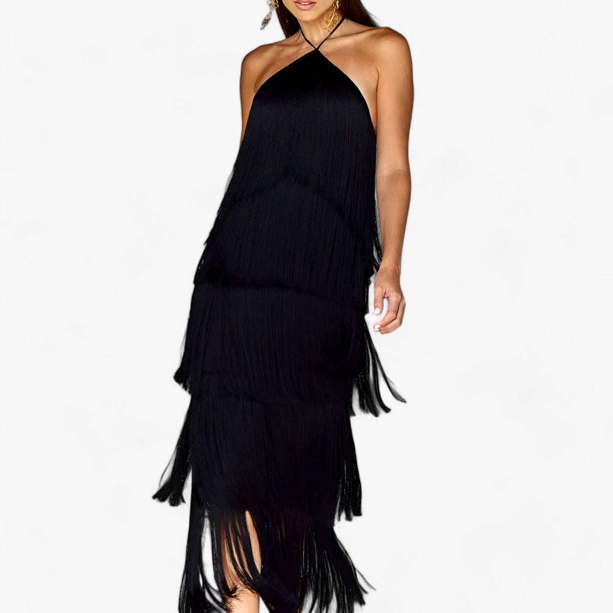 Serena | Ärmelloses Halterneck-Kleid – Glamouröse Fransen-Details